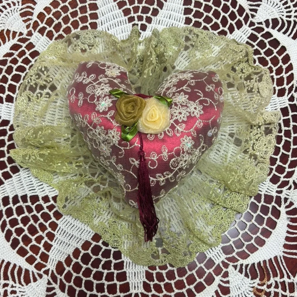 Victorian “French Lovers” Handmade Lace Heart Pillow Vintage Cottage Core Décor